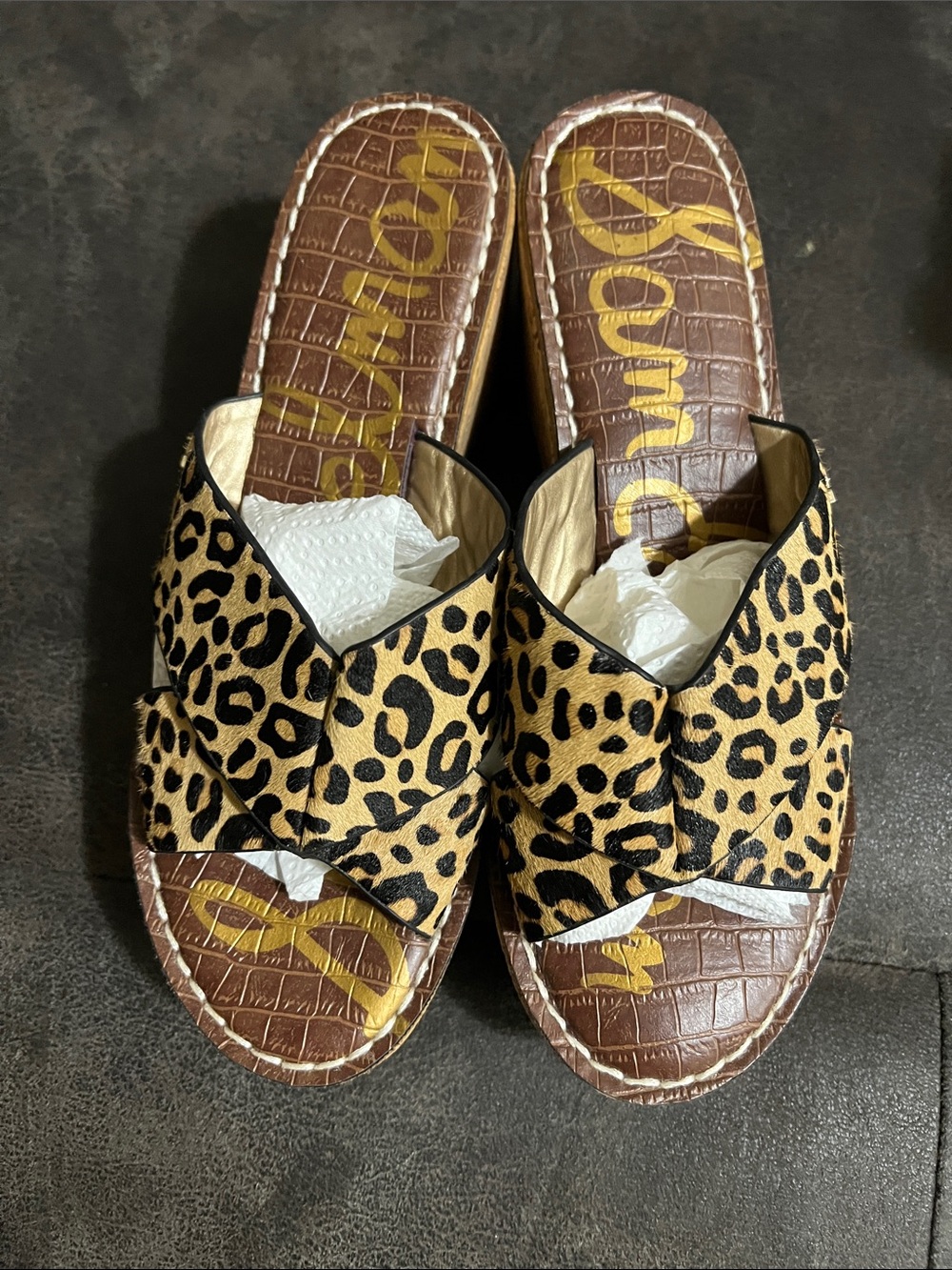 Sam Edelman Leopard Print Leather Slide Platform Mules - Tan & Black